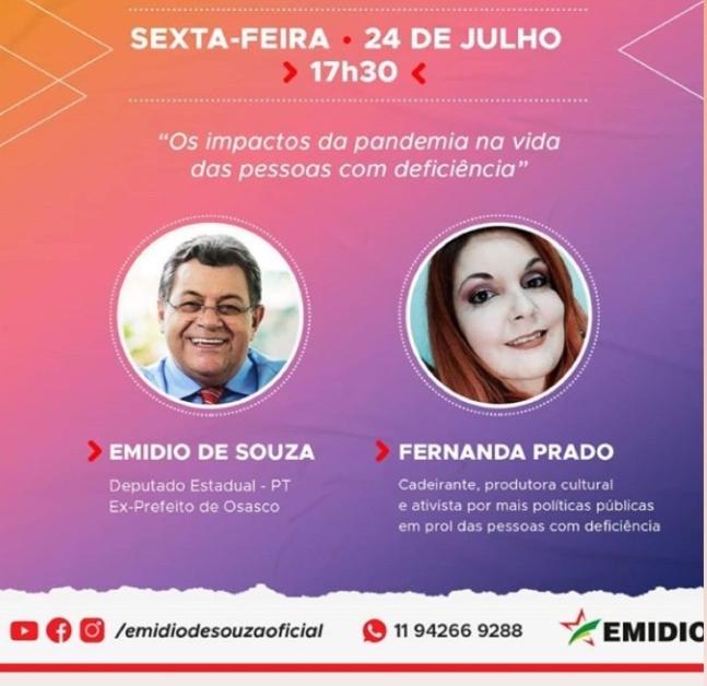 #LiveDoPT “Os impactos da pandemia na vida das pessoas com deficiência” com o deputado estadual Emidio de Souza @emidiosouza_ e Fernanda Prado