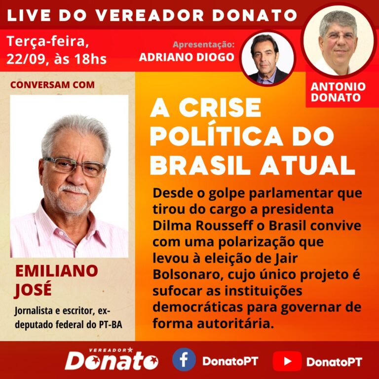 #LiveDoPT A crise política do Brasil atual, com o vereador @Donato_PT e o coordenador do Setorial de Direitos Humanos do PT @AdrianoDiogo, que convidam Emiliano José, jornalista e escritor, ex-deputado federal do PT-BA.