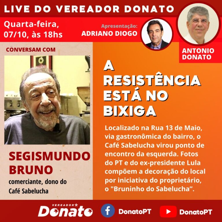 #LiveDoPT A resistência está no Bixiga, com o vereador @Donato_PT e o coordenador do Setorial de Direitos Humanos do PT @AdrianoDiogo, que convidam Segismundo Bruno, comerciante, dono do Café Sabelucha.