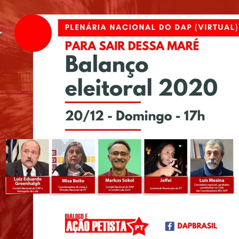 #LiveDoPT Live: Balanço eleitoral 2020, com Luis Eduardo Greenhalgh do Comitê Nacional do DAP e advogado de Lula; Misa Boito, coordenadora da mesa e direção nacional do PT; Markus Sokol, Comitê Nacional do DAP e Comitê Lula Livre; Jeffei, juventude revolução do PT; e Luis Mesina, candidato constituinte no Chile (da coordenadora NO+AFP).  Local: Facebook Diálogo e Ação Petista